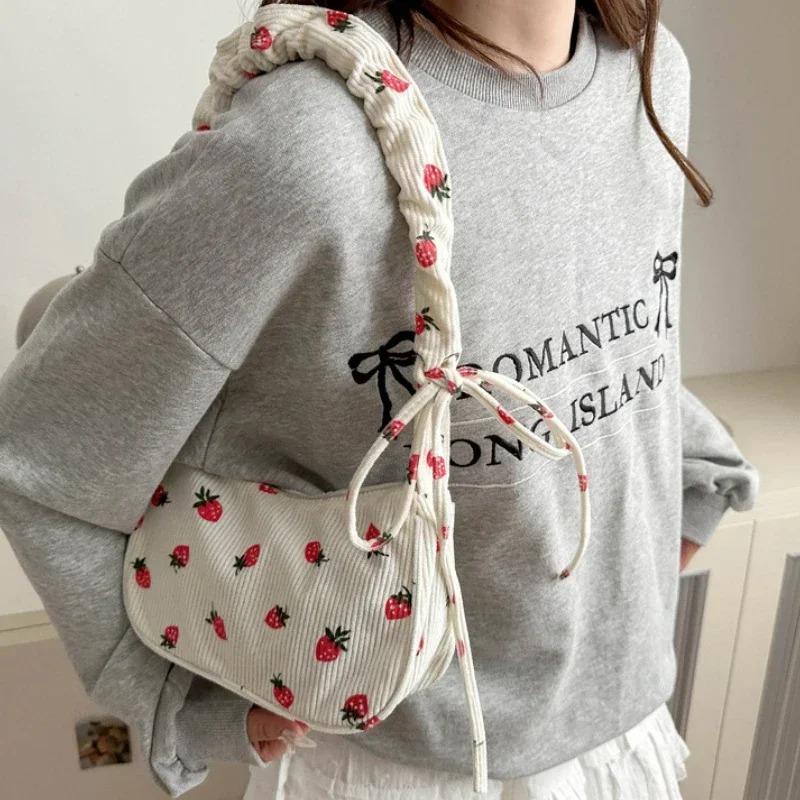 Women Small Underarm Bag Corduroy Handbag Cute Strawberry Print Little Tote Half Moon Design Eco Cloth Purse Mini Shoulder Bags