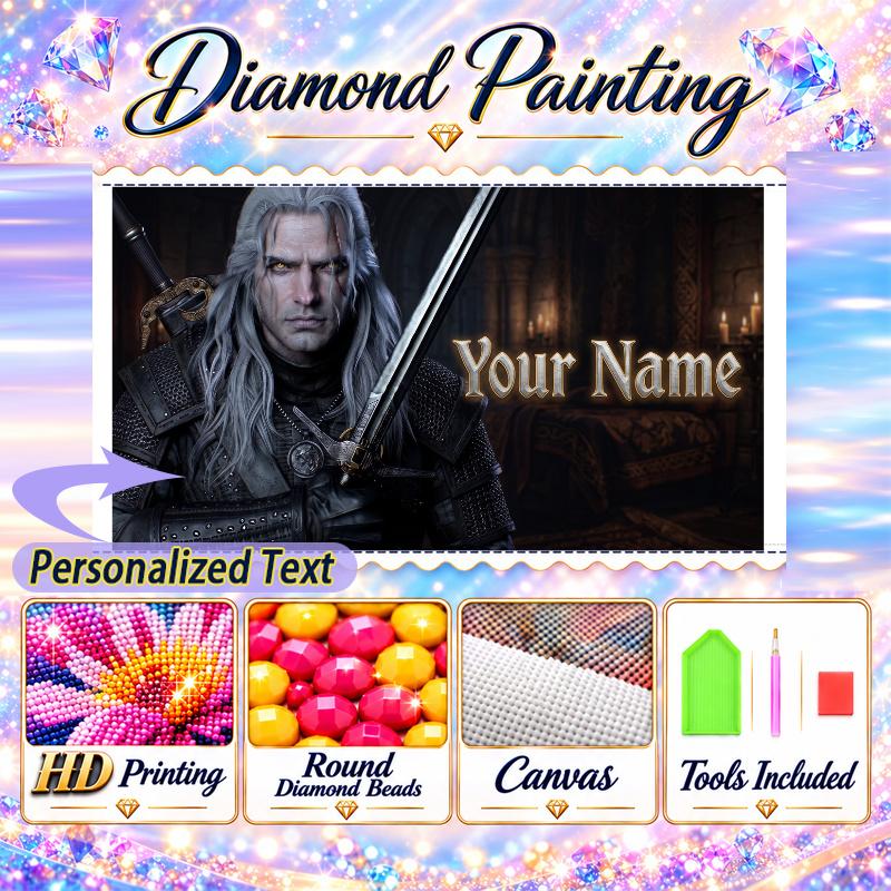 The Witcher Geralt 5D DIY Diamond Painting Custom Name Text, Full Drill Rhinestone Mosaic Art Home Gift