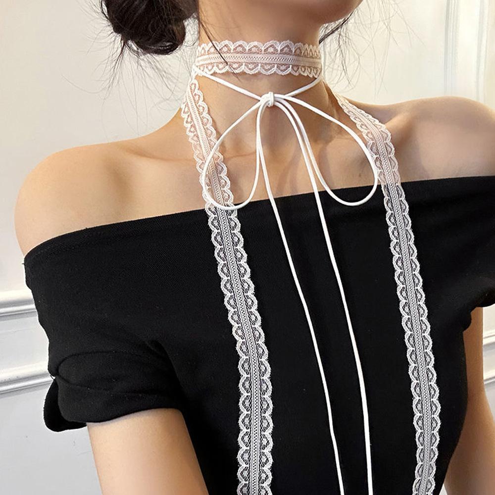 

Black White Lace Necklace Versatile Long Ribbon Layered Clavicle Chain Choker for Woman Girls Daily Wear Neck Decoration Jewelry белый