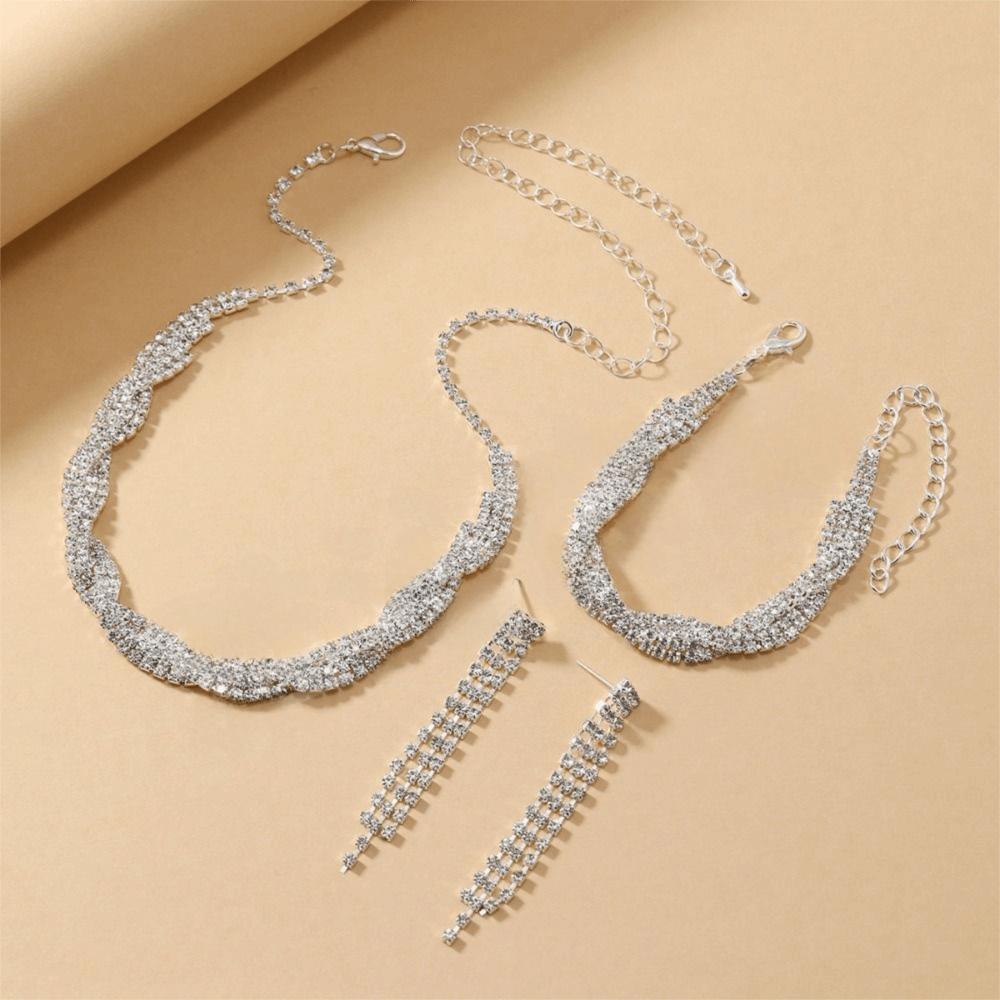 Korean Style Wedding Bride Jewelry Sets Geometric Rhinestone Tassel Earring  Gift