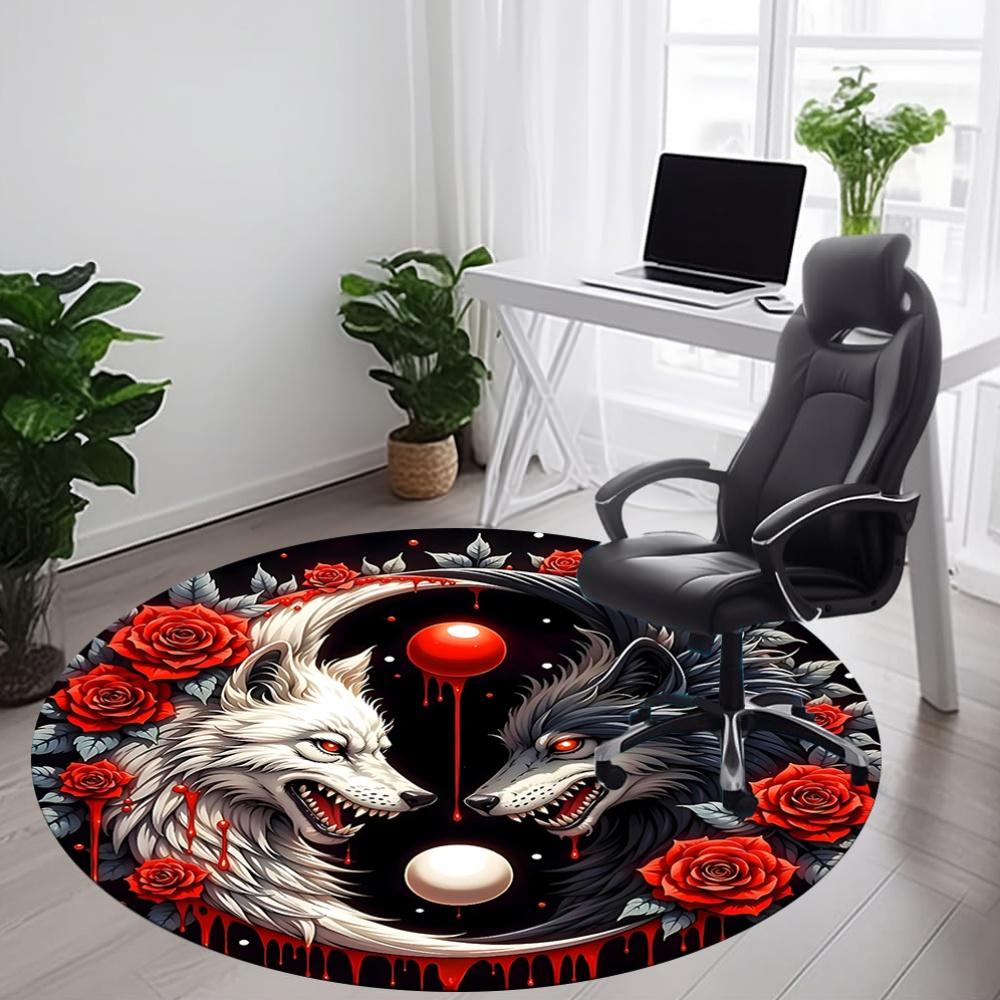 1PC Wolf Yin Yang Roses Design Office Round Rug, Non slip, Soft and Durable Office Rug for Interior Decoration, Perfect for Office