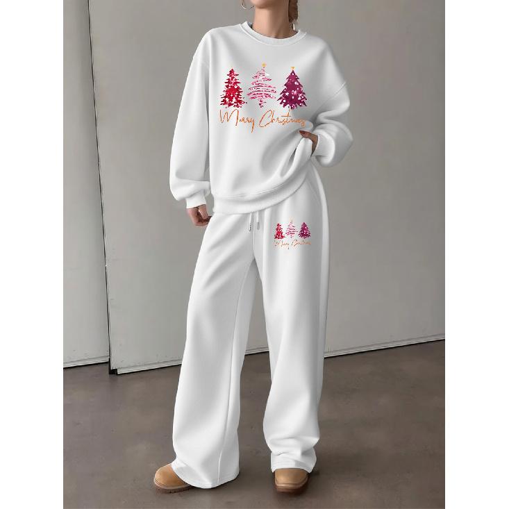 Women's Crewneck Sweatshirt & Drawstring Straight-Leg Pants 2-Piece Set, Christmas Print Sweatshirt & Wide-Leg Pants Lounge Set – Cozy