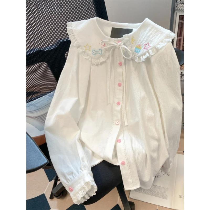 

2024 Весенняя блузка женская японская кавайная милая кружевная лоскутная рубашка с воротником Питер Пэн винтажная милая вышивка топ Blusas Feminina M белый