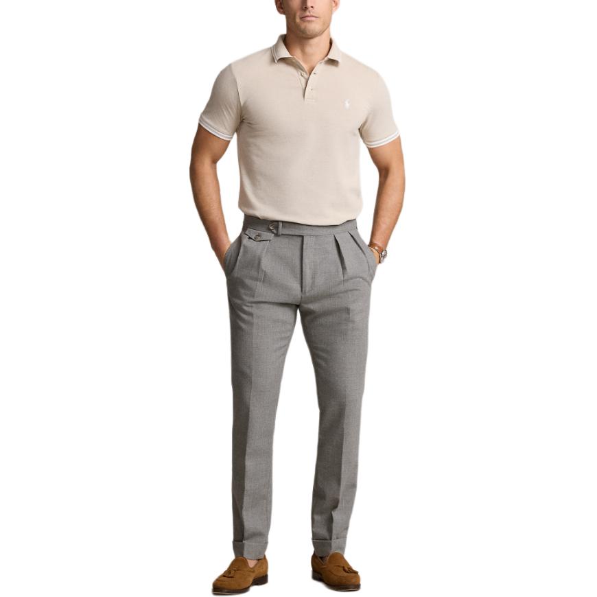 Polo Ralph Lauren SS24 Logo Embroidered Striped Trim Slim Fit Short Sleeve Polo Shirt Men polo shirts Beach-Beige MNPOKNI1N822953-250