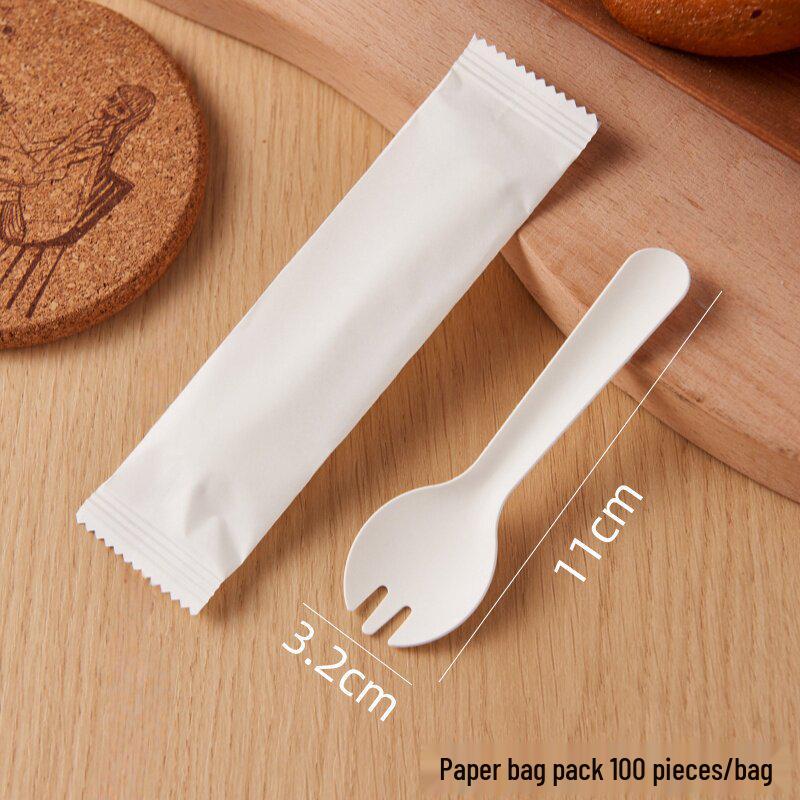 Eco-Friendly Disposable Cutlery Set: Fork, Knife, Cake Fork, Dessert Spoon, and Ice Cream Spoon.