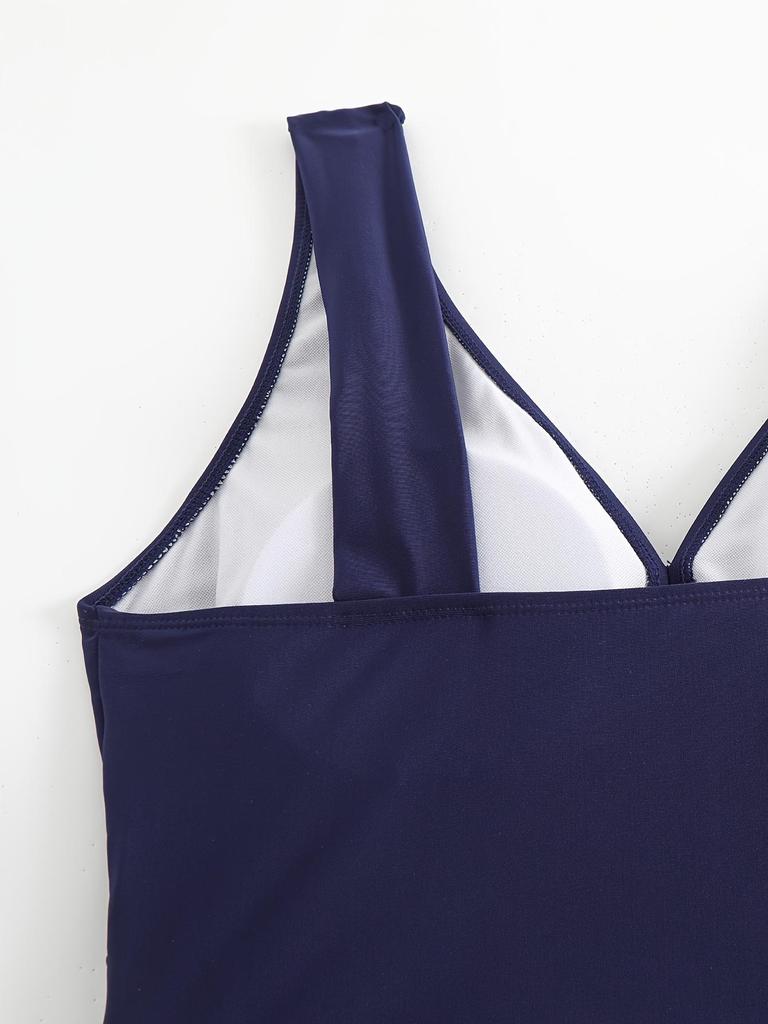 Übergröße Einfarbiger Schlitzrock Tankini Badeanzug für Strandurlaube