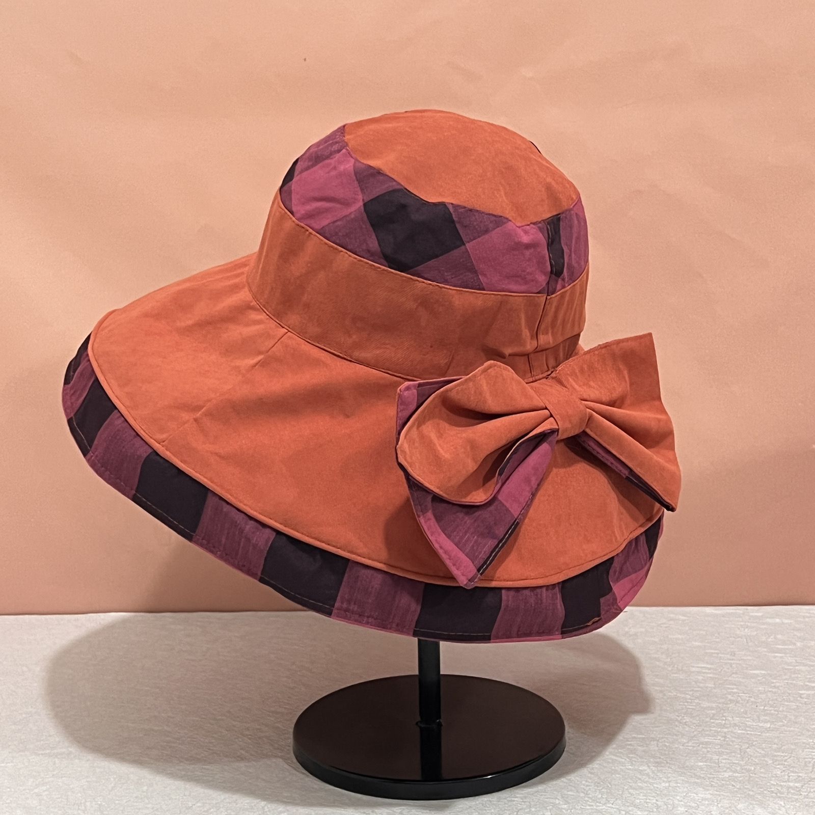 

Женская элегантная шляпа от солнца с бантом, дышащая панама, клетчатая лента, широкие поля, защита от ультрафиолета, рыбацкая кепка для путешествий на весну и лето на открытом воздухе 55-59cm