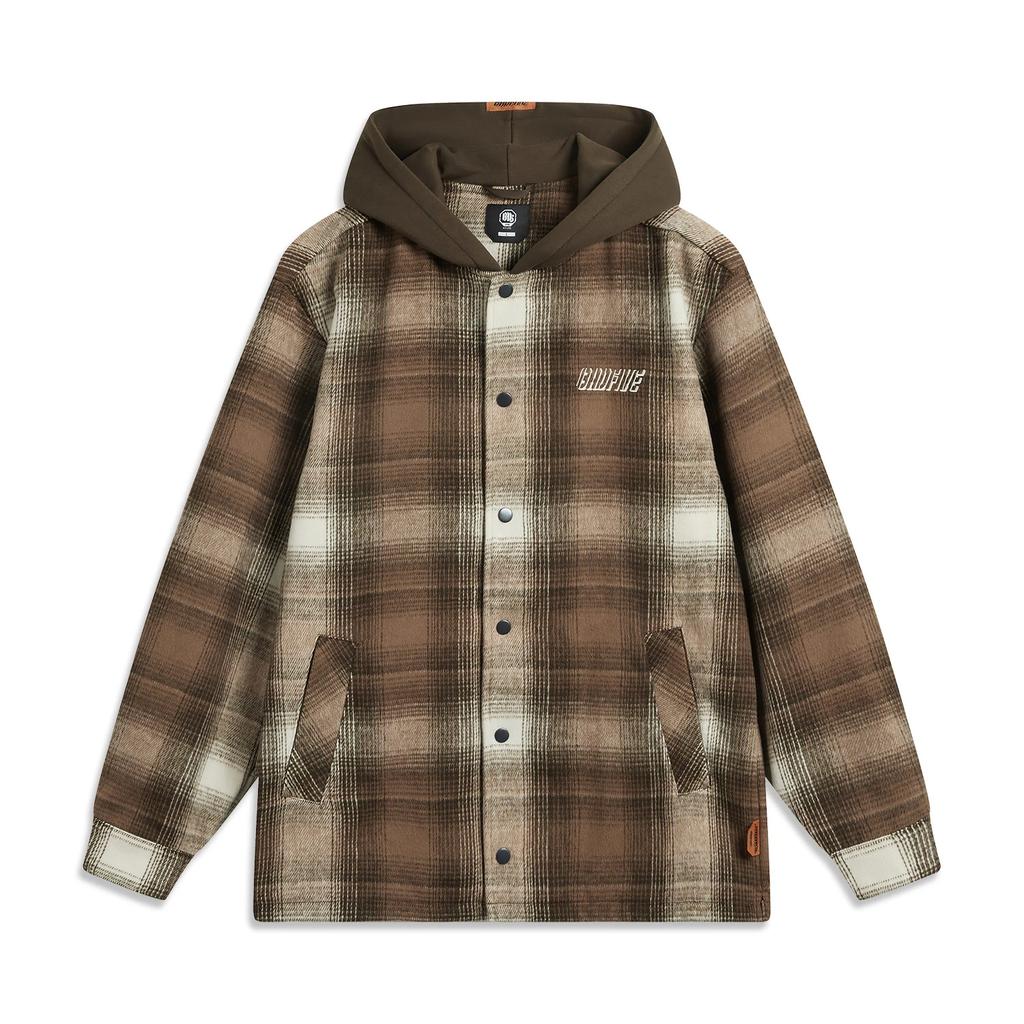 Li Ning Basketball Series Bad Five Full Print Letter Color Block Single Button Loose Jacket Men Jacket Brown Plaid AFDUA87-2