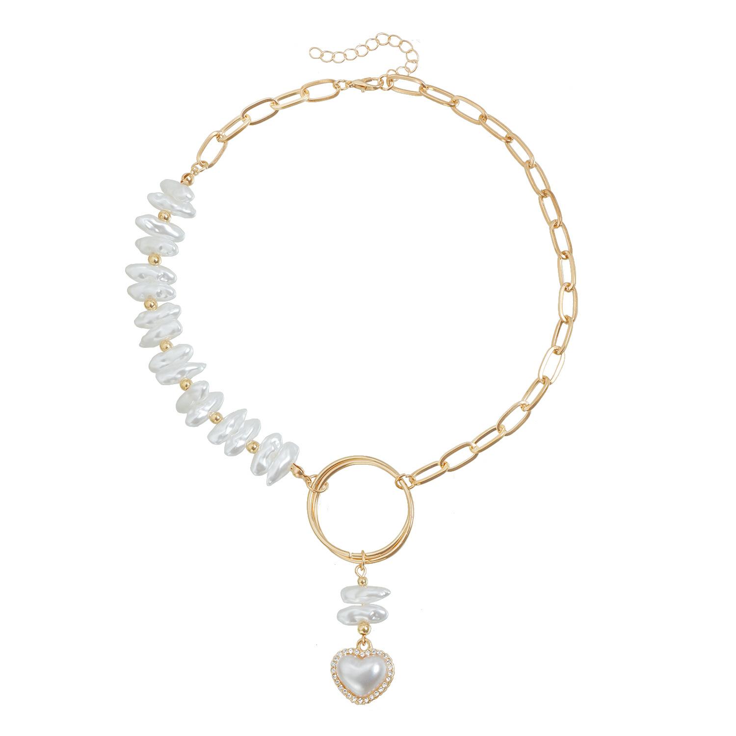 Double cone imitation pearl ring love pendant necklace ins personalized retro splicing style necklace