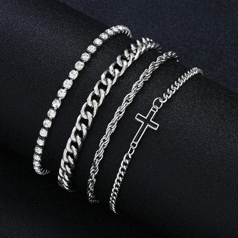 

4PCS Men s Double Layer Silvery Adjustable Cross Charm Zircon Bracelet Classic and Fashionable Punk Style 22cm