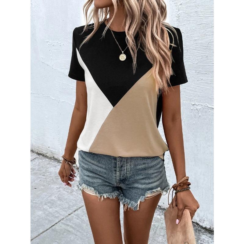 YYFS Women's Fashion Casual Summer Spring Colour Block Print Short Sleeve O-Neck Blouses & Shirts
