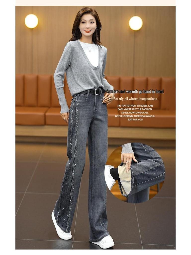 Retro Blue Rhinestone High-Waist Straight Leg Jeans for Women - Stylish, Versatile, Slimming Pants for Spring, Autumn, and Winter 2026