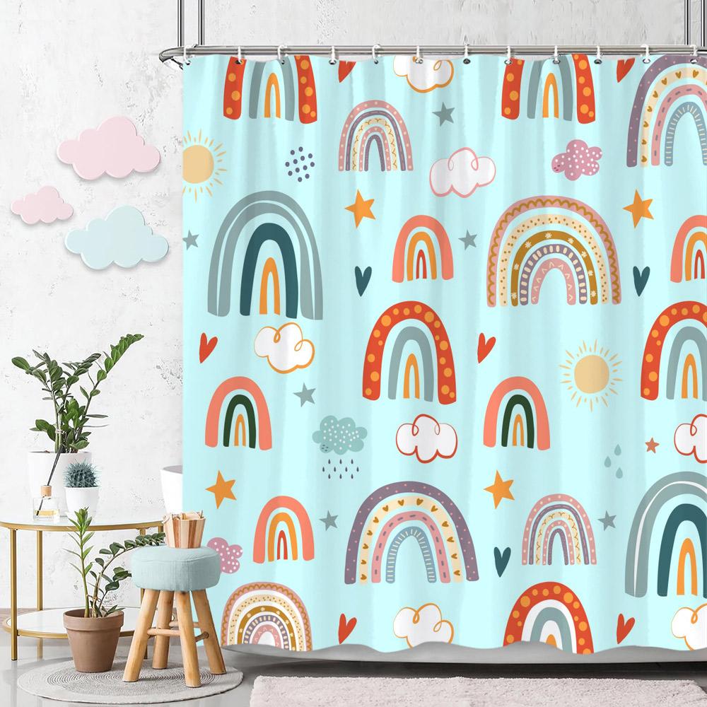 

Rainbow Shower Curtain Colourful Cute Bohemian Abstract Print Kids Shower Curtain Polyester Fabric Art Bathroom Decor With Hooks 90x180cm