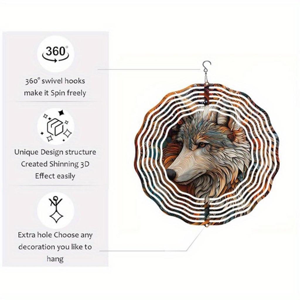 Open - 3D Mandala Wind Chime Beautiful Wolf King Pattern Dynamic Rotating Art Outdoor Decor