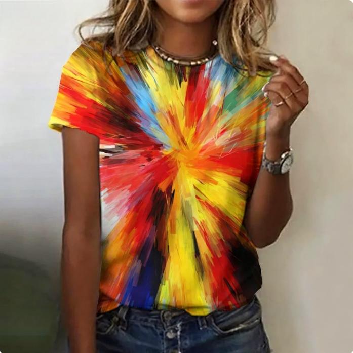 Round Neck 3D Colorful Printed Fashionable Casual Short Sleeved Women's T-shirts - Soft Medium Stretch Polyester Fabric Summer Relaxed Fit Clothing