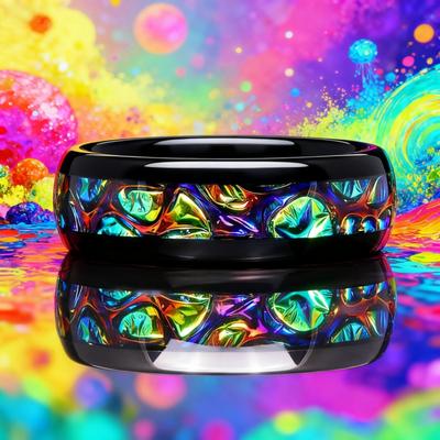8MM Men Colorful Starry Sky Stainless Steel Rings Unique Black Wedding Band Couple Ring  Colored Marble Inlay Ring Gift