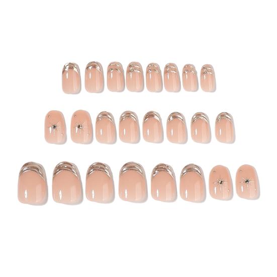 24Pcs Short Oval Press for Women on Nails Silver-color