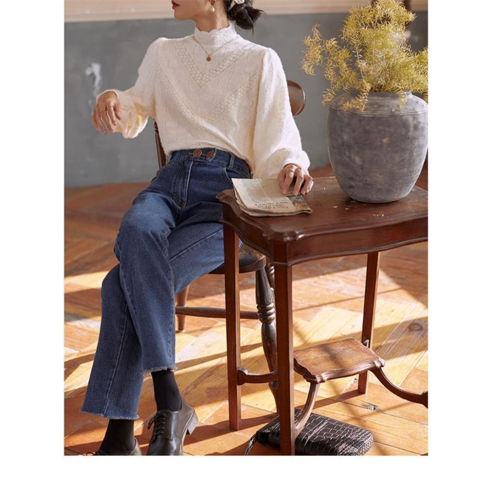 Chemisier de style cour française à col semi-haut et base en dentelle brossée pour femmes, haut de superposition intérieure pour l'automne et l'hiver