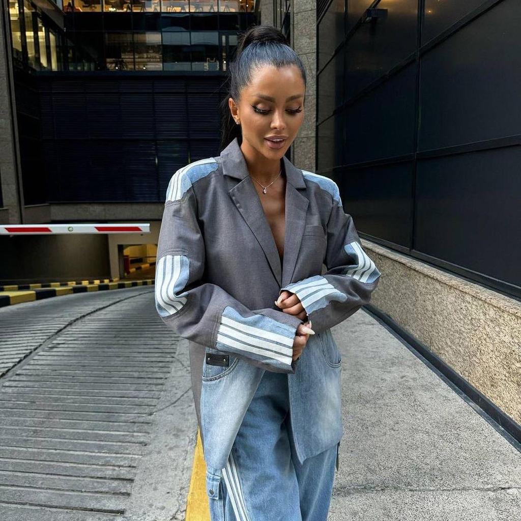 Vysoko módna džínsová patchwork bunda: Jesenné voľné, nadmerné veľkosti, trendy, všestranné dámske streetwear