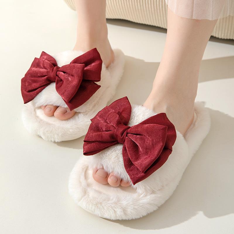 Ins Bow Open Cotton Slippers Winter Home Indoor Household Plush Slippers Warm Plush Slippers
