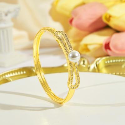 CMM Exquisite Hollow Jewelry Golden Zircon Bracelet Bangle Artificial Pearl Banquet Party Wedding Jewellery Accessories for Women