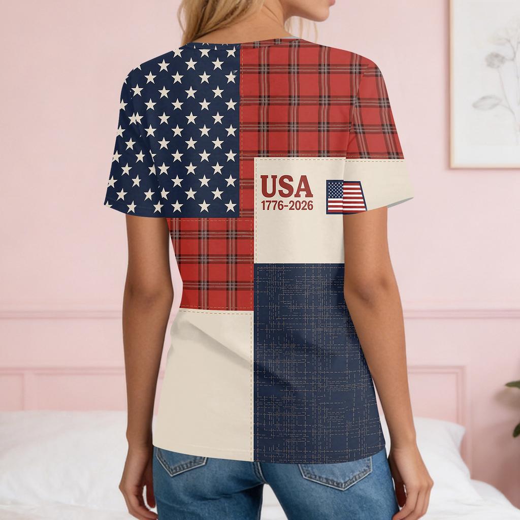 Women's Fashion Casual Independence Day Print V-Neck Short Sleeve Button-Up T-Shirt Top