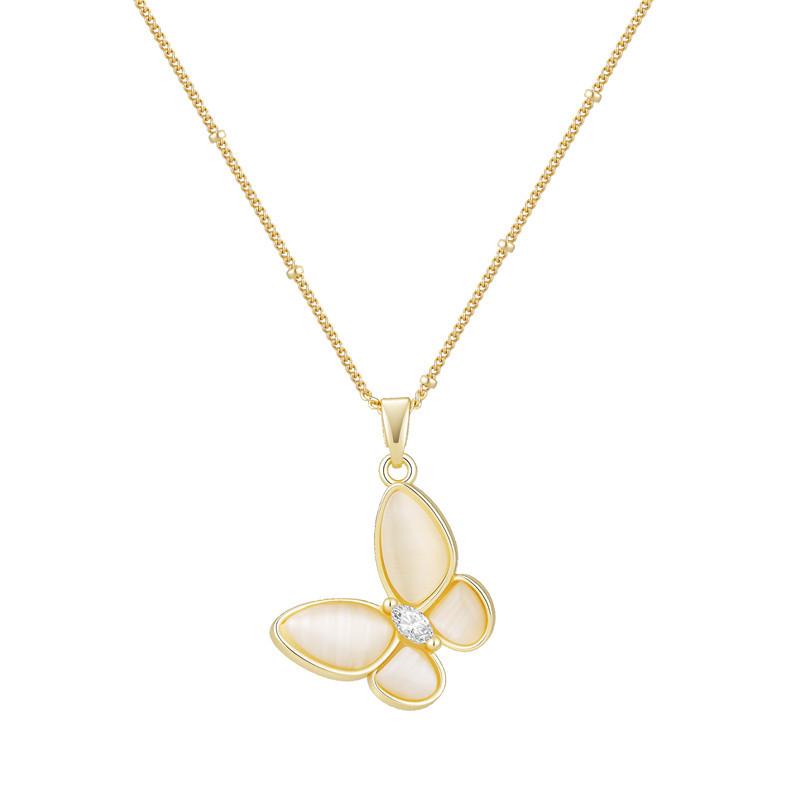 18k Gold Zircon & Diamond Necklace with Mother-of-Pearl Butterfly Pendant