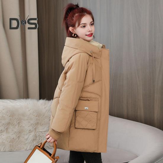 Winter Down Coat Thickened Padded Hooded Pockets Zipper Closure Drawstring Mid Length Windproof Heat Retention Daily Cold Weather Outwear Cotton