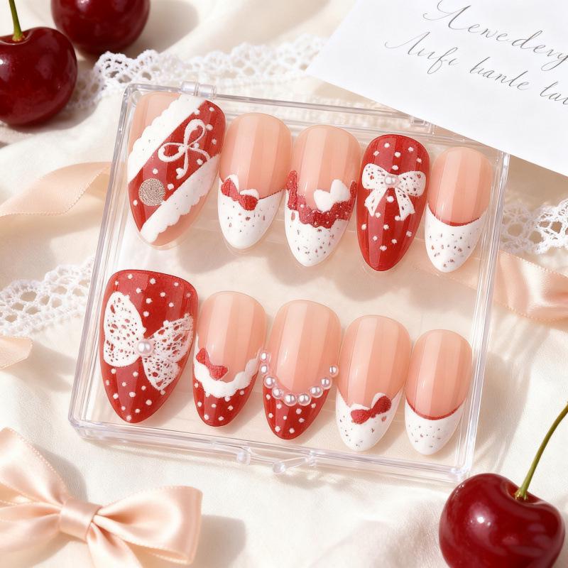 30-Piece Valentine s Day Short Almond Bow & Pearl Handmade Nail Art Set