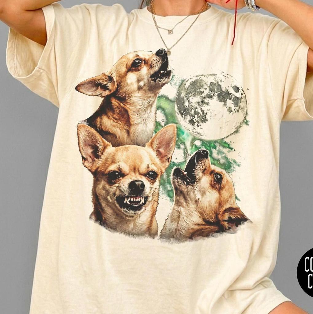 Three Chihuahua Retro Graphic Tee, Vintage Comfort Colors® Chihuahua Moon Shirt, Chihuahua Lovers, Funny Chihuahua Tee, Oversized Washed Tee