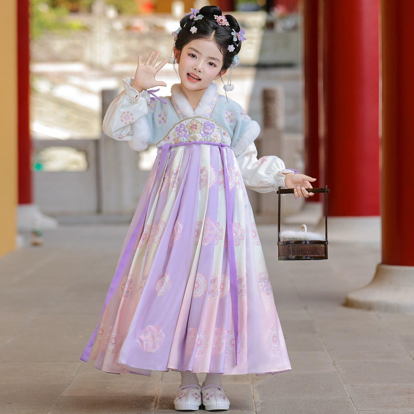 Girls  Winter Hanfu Dress: Plush Lined, Autumn/Winter 2025 Tang Suit Skirt for New Year Visits 160