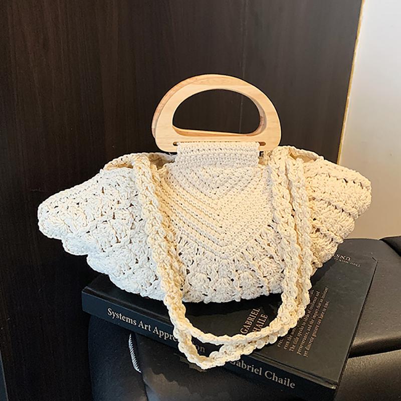 

Handmade Shell Shape Shoulder Bag Wooden Handle Design Women Messenger Crossbody Bags Vacation Summer Hollow out Woven Tote Bag