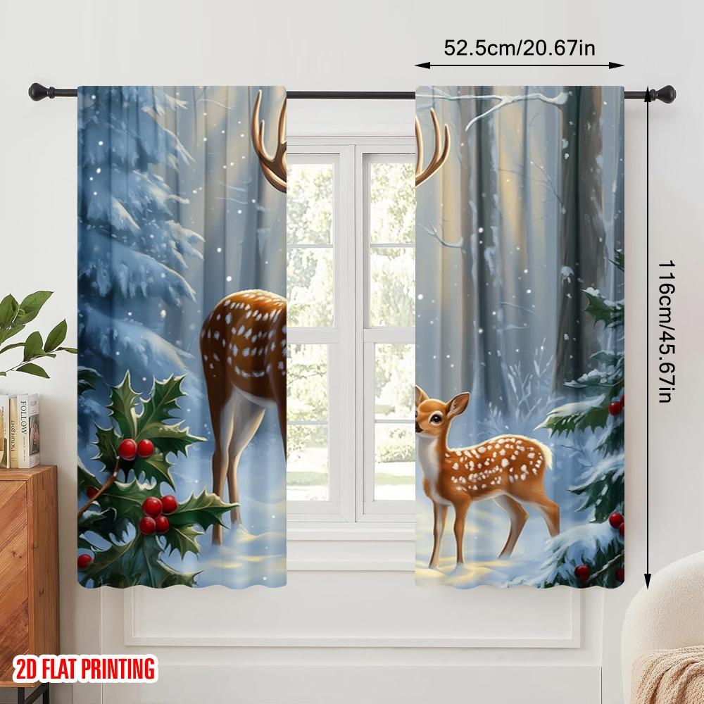 2pcs,2D Plane Printing Print Curtains Deer Family Winter Forest (3) Versatile Polyester Fabric (without Rod) Outdoor Decorations
