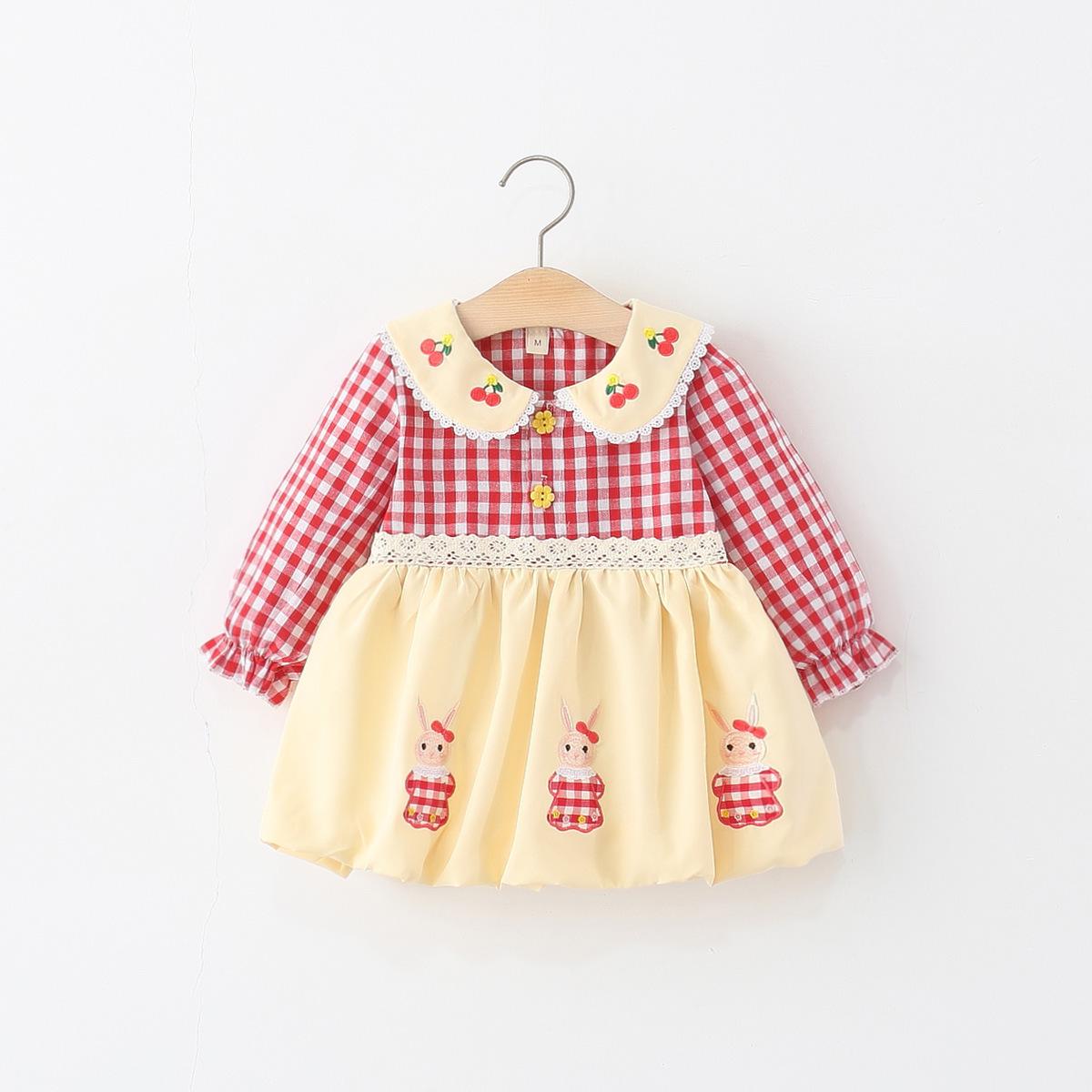 

Детское осеннее клетчатое платье с воротником Питера Пэна и вышивкой кролика XL - 100 cm красный