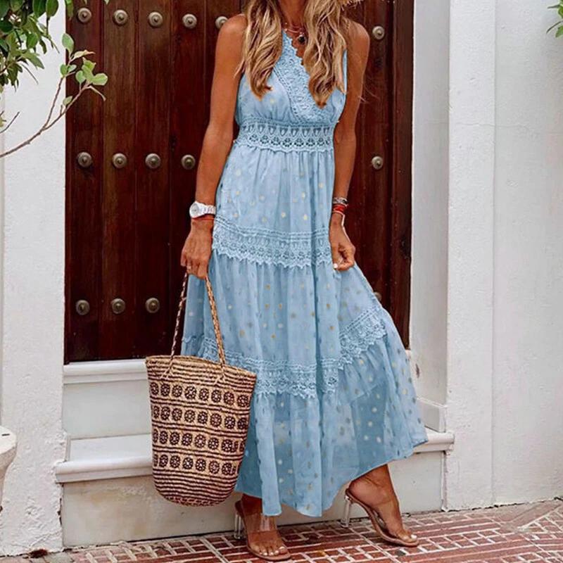 Women Chiffon Party Maxi Dress Polka Dot Boho Crochet Lace V Neck Beach Sundress