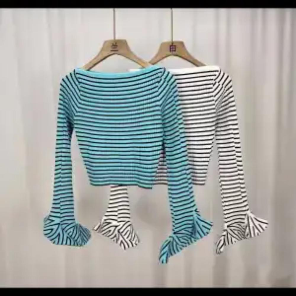 Slash Neck Striped Knitted T-shirt Spring Autumn Elegant Slim Female Clothing Fashion Flare Sleeve Korean Long Sleeve Pullovers