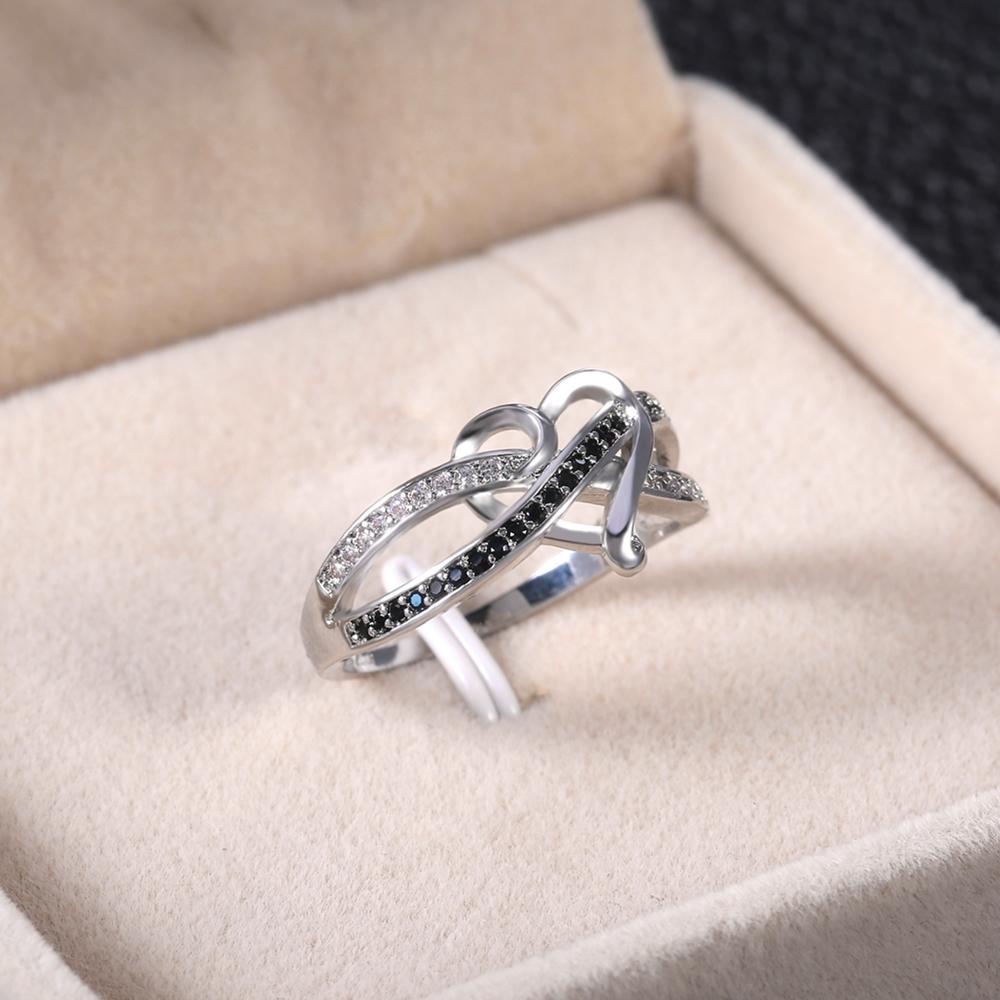 Hollow Heart Shape Black White Cubic Zirconia Lines Cross Ring Fashion Gift for Girlfriend Women's Jewelry High Quality
