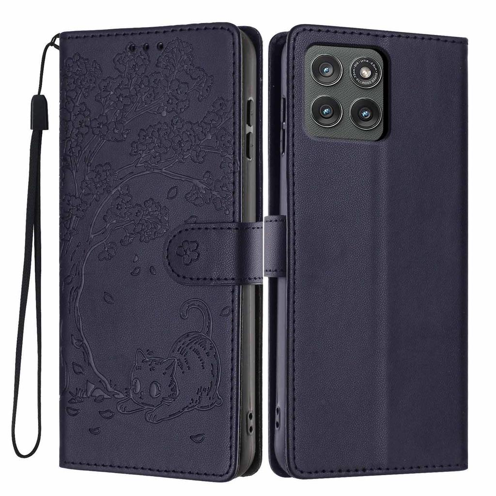 For Motorola Edge (2025) 5G Stand Case Tree-and-Cat Pattern PU Leather Wallet Protective Phone Cover with Wrist Strap