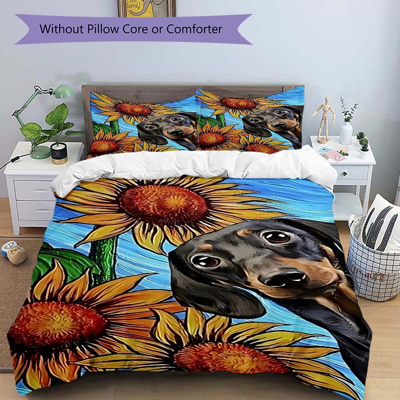 3pcs Sunflower Dachshund Print Duvet Cover Set - Machine Washable, Includes 1 Cover and 2 Pillowcases, No Core Included yy251013042