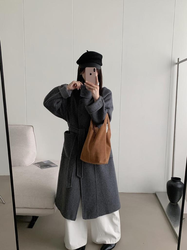Korean Style Double-Faced Wool Coat with Stand-Up Collar, Tie-Waist, Extra-Long Design for Fall/Winter 2025