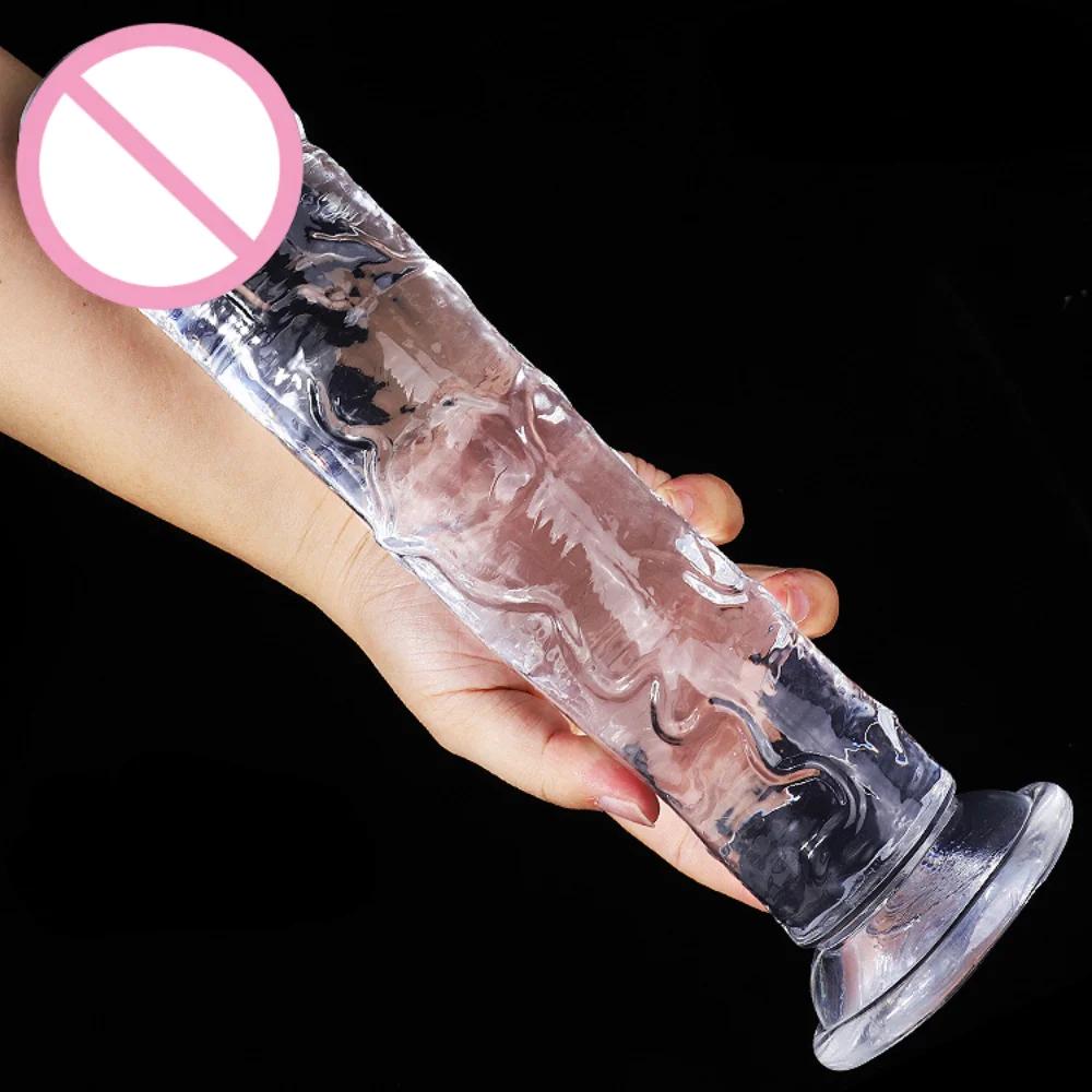 Suur kristallželee realistlik läbipaistev dildo imemiskapp, tohutu läbipaistev peenis, anaaltoode, seksmänguasjad naisele, täiskasvanud lesbi