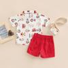 Toddler Kids Boys 2 Pieces Outfits, Farm/Circus Cartoon Animal Print Short Sleeve Shirts with Bow Tie + Solid Color Shorts Set