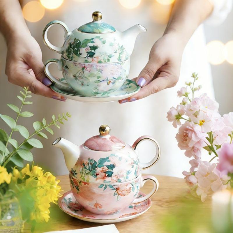 Single Combination Pot Set, White Rose High-value British Flower Tea with Cups and Saucers, Household Ceramic Fruit Teapot
