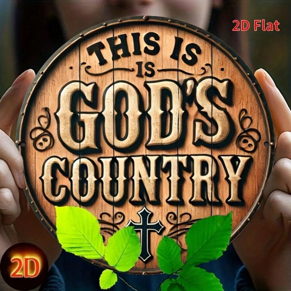 Vintage Metal Wall Art God's Country Round Sign with Cross Leaf Motifs 7.8x7.8 Inch Rustic Indoor Outdoor Decor for Home Cafe Garden