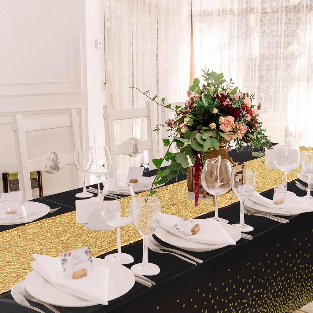 Black and Gold Tablecloth and Sequin Table Runner Set Polka Dots Confetti Table Cover Dining Plastic Tablecloths Glitter Decorations