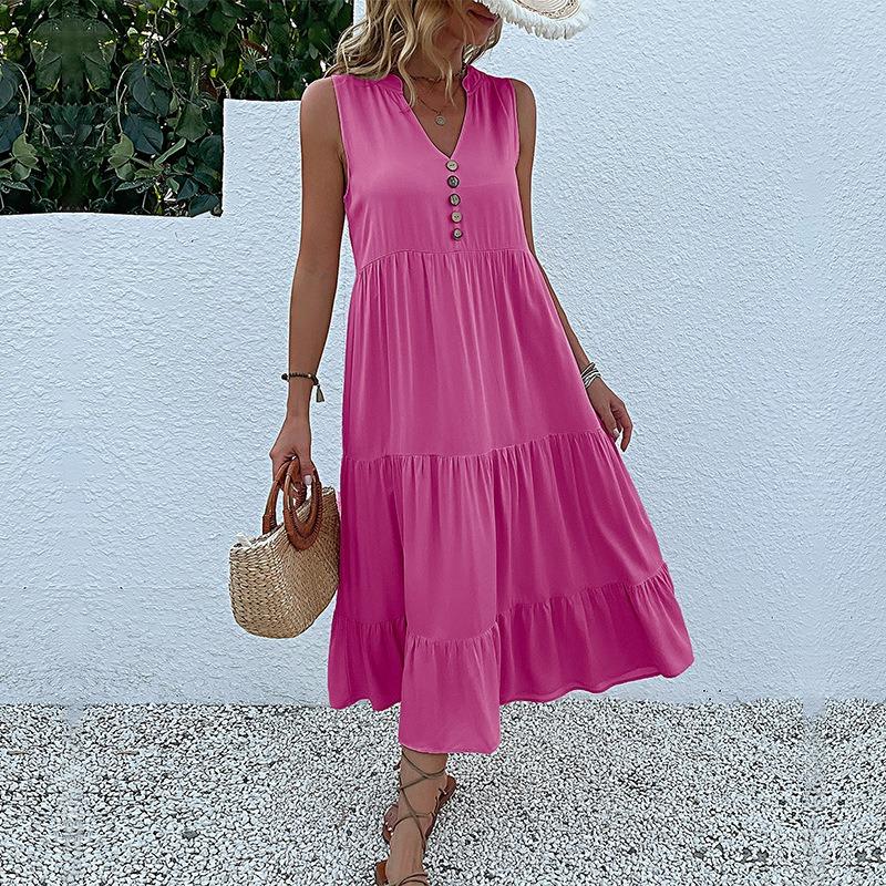 Robe débardeur d'été pour femmes, sans manches, plissée, ample, col en v, robes mi-longues