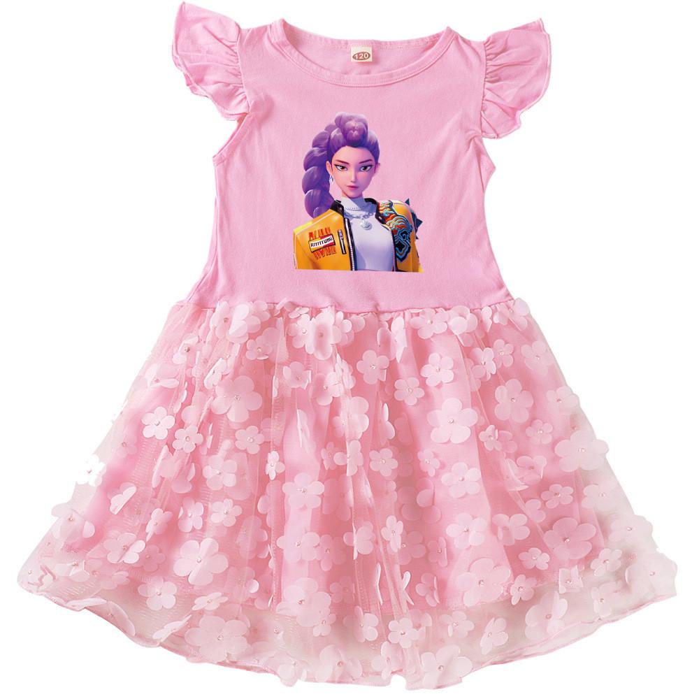 

4112 Kids Girls Rumi Zoey Mira Print Short Sleeves Flower Applique Dress 100cm розовый