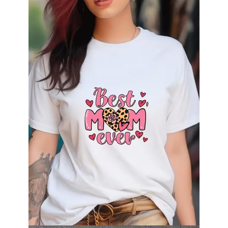 Happy Mother'S Day Floral Heart Print T-shirt. Women'S Summer White Crew Neck Short Sleeve T-Shirt, Casual Short Sleeve Tee.