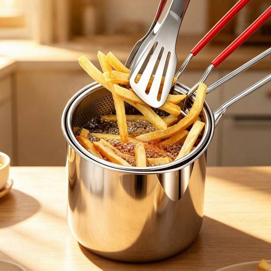 Friteusepan met Mand Roestvrij Staal Frituurpan, Oliebesparende Frituur & Makkelijk Schoon te Maken Frituurklem voor Thuis Commercieel, Hittebestendige Pan Gasfornuis Gereedschap