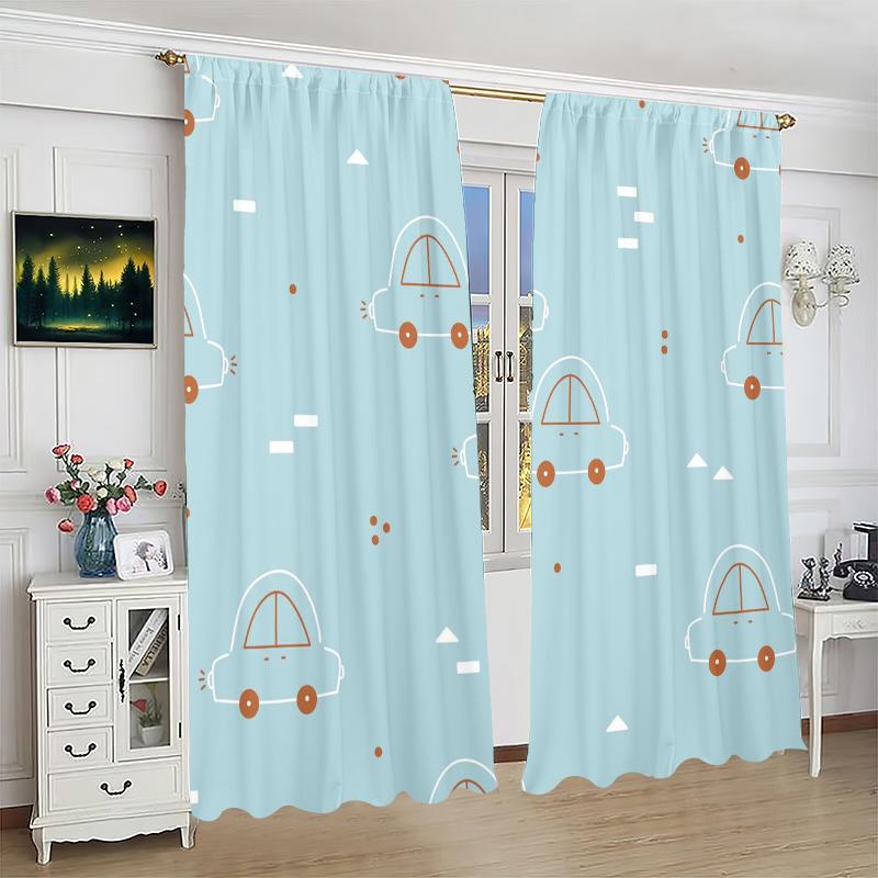 Set Of 2 Cartoon Car Printed Curtain Polyester Material Suitable Bedroom Curtains Living Room Decoration Ideal For Sitting